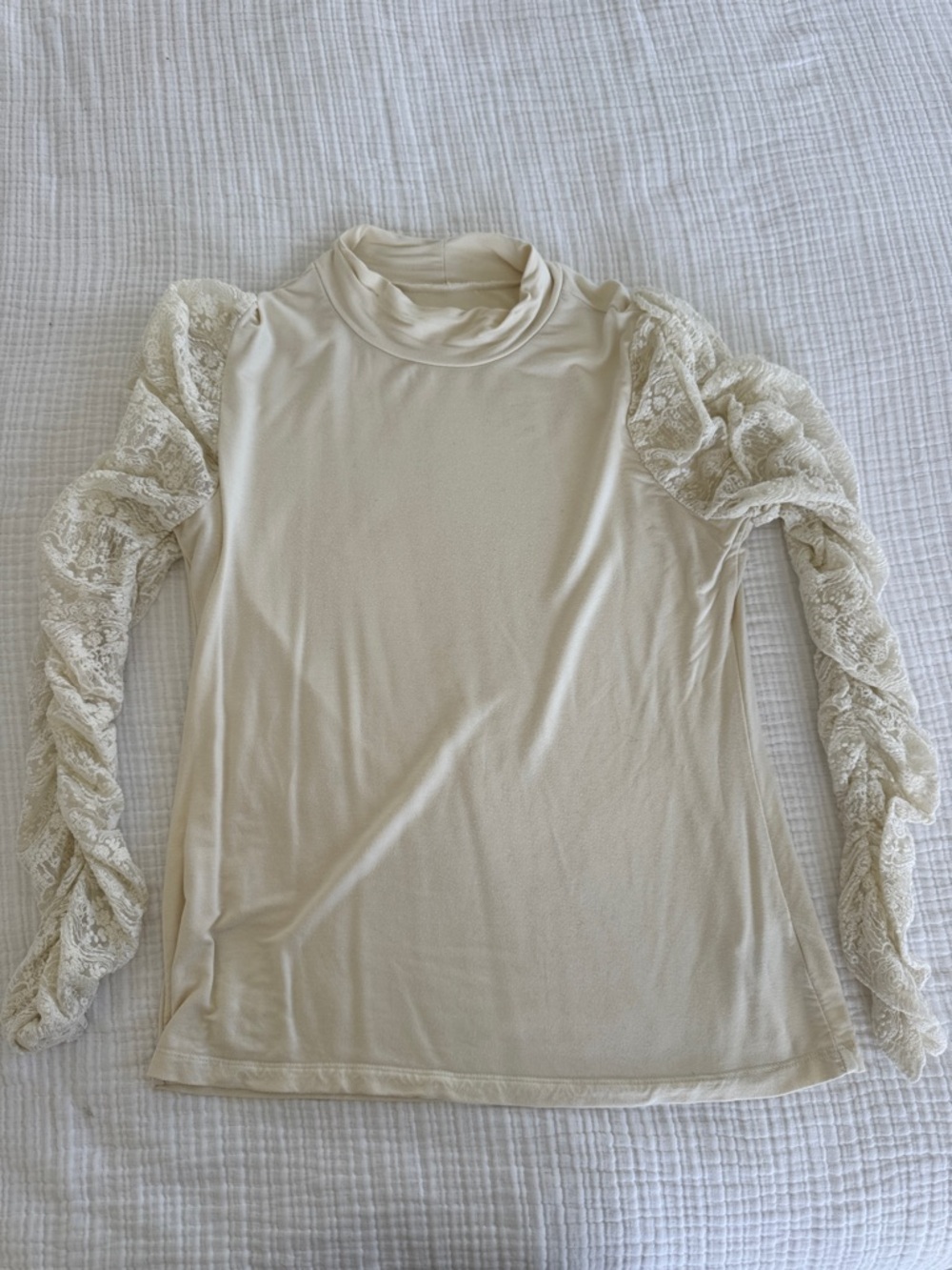 Anthropologie Cream Lace-Ruched Mock Neck Long Sleeve Top